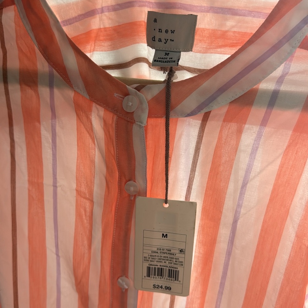 A New Day NWT Size M Coral Stripe Button Down Shirt - Picture 3 of 4